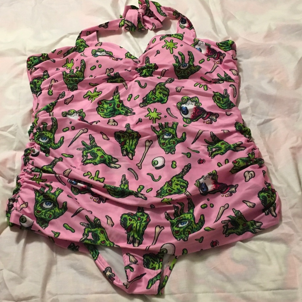 GOTH Pink Retro Rockabilly Zombie Halter one- piece Swimsuit/dress